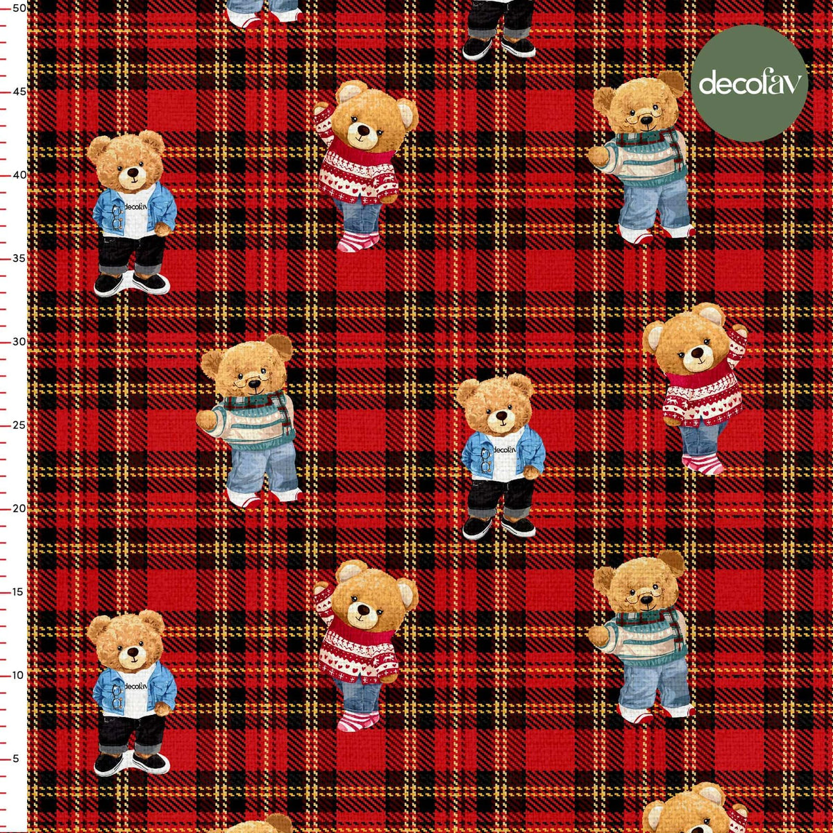 Digitally Printed Fabric with Cool Teddy Pattern on a Red Plaid Background
