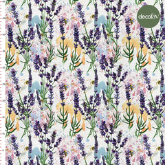 Digitally Printed Fabric with Lavender Pattern on a Watercolor Splattered Background