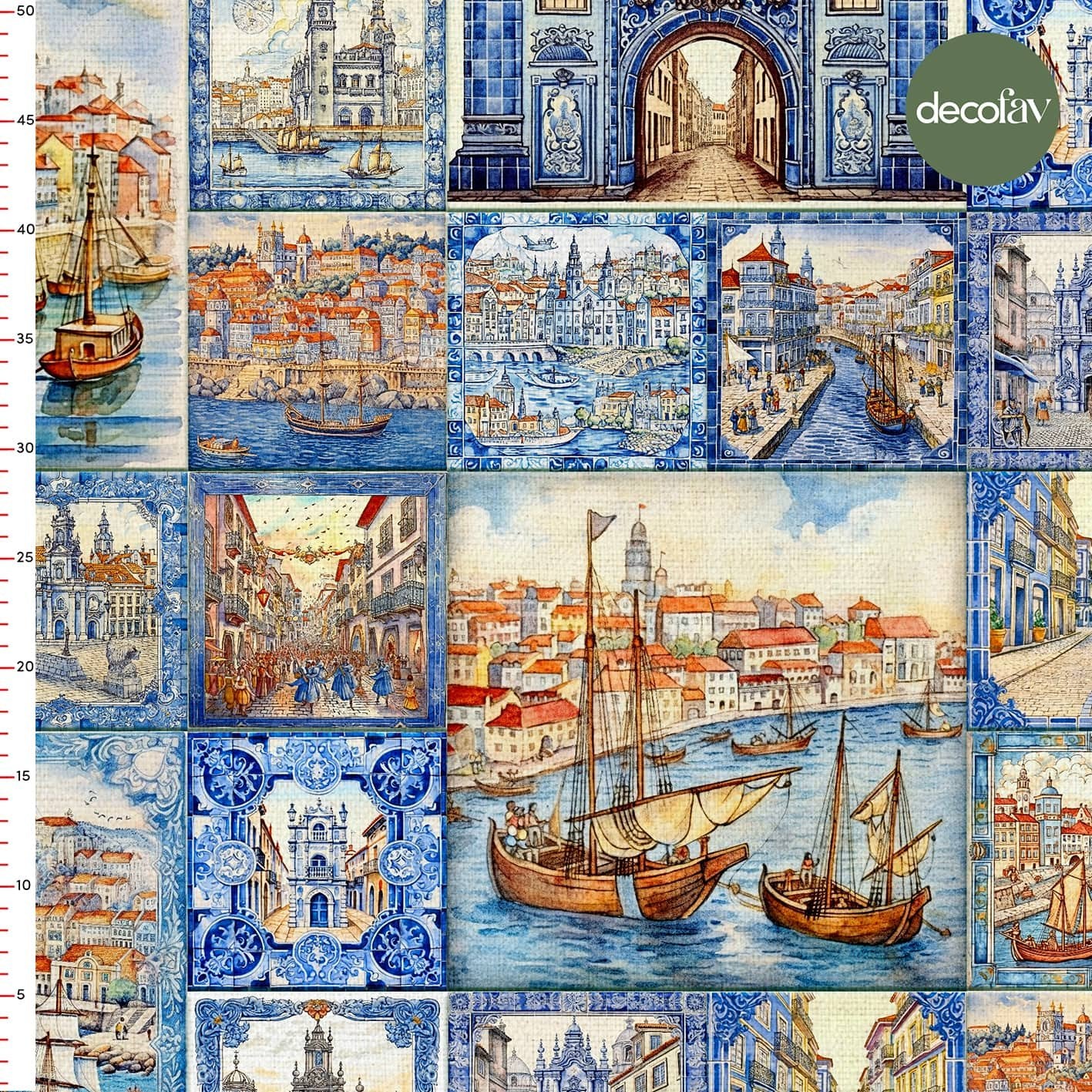 Hand Drawn Abstract Tile Patterned City View Patterned Digital Printed Fabric