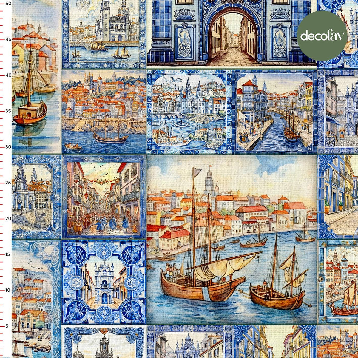 Hand Drawn Abstract Tile Patterned City View Patterned Digital Printed Fabric