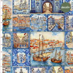 Hand Drawn Abstract Tile Patterned City View Patterned Digital Printed Fabric