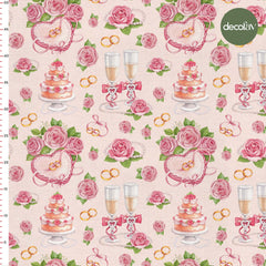 Digital Printed Fabric with Romantic Wedding Tale and Pink Flower Harmony Pattern