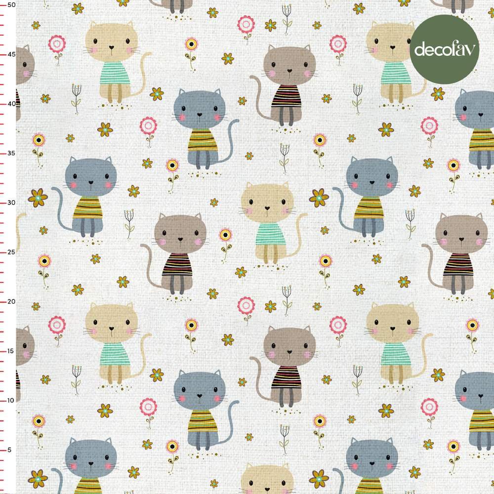 Cute Cat Floral Pattern Digital Printed Fabric