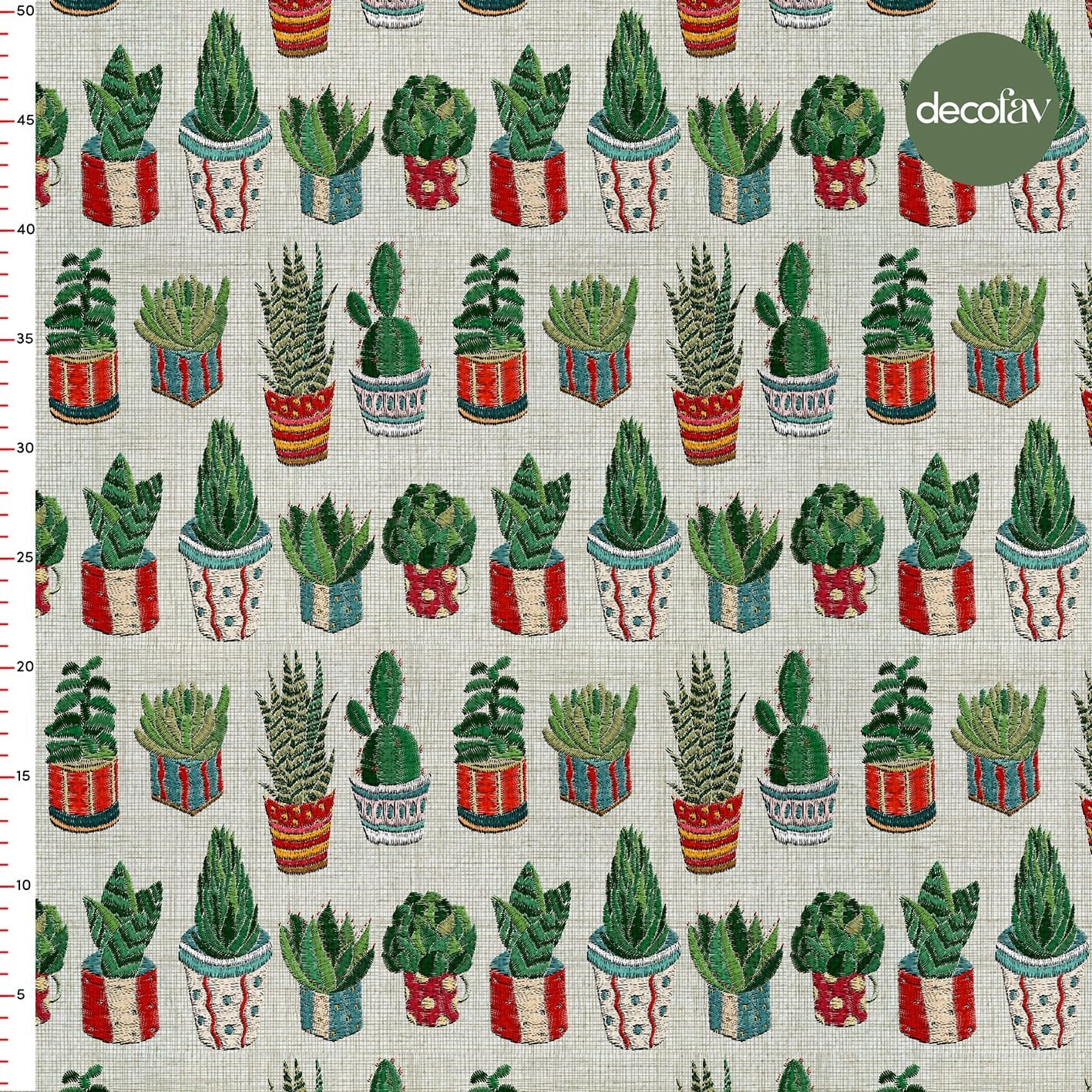 Digitally Printed Fabric with Embroidered Cactus Pattern in a Pot