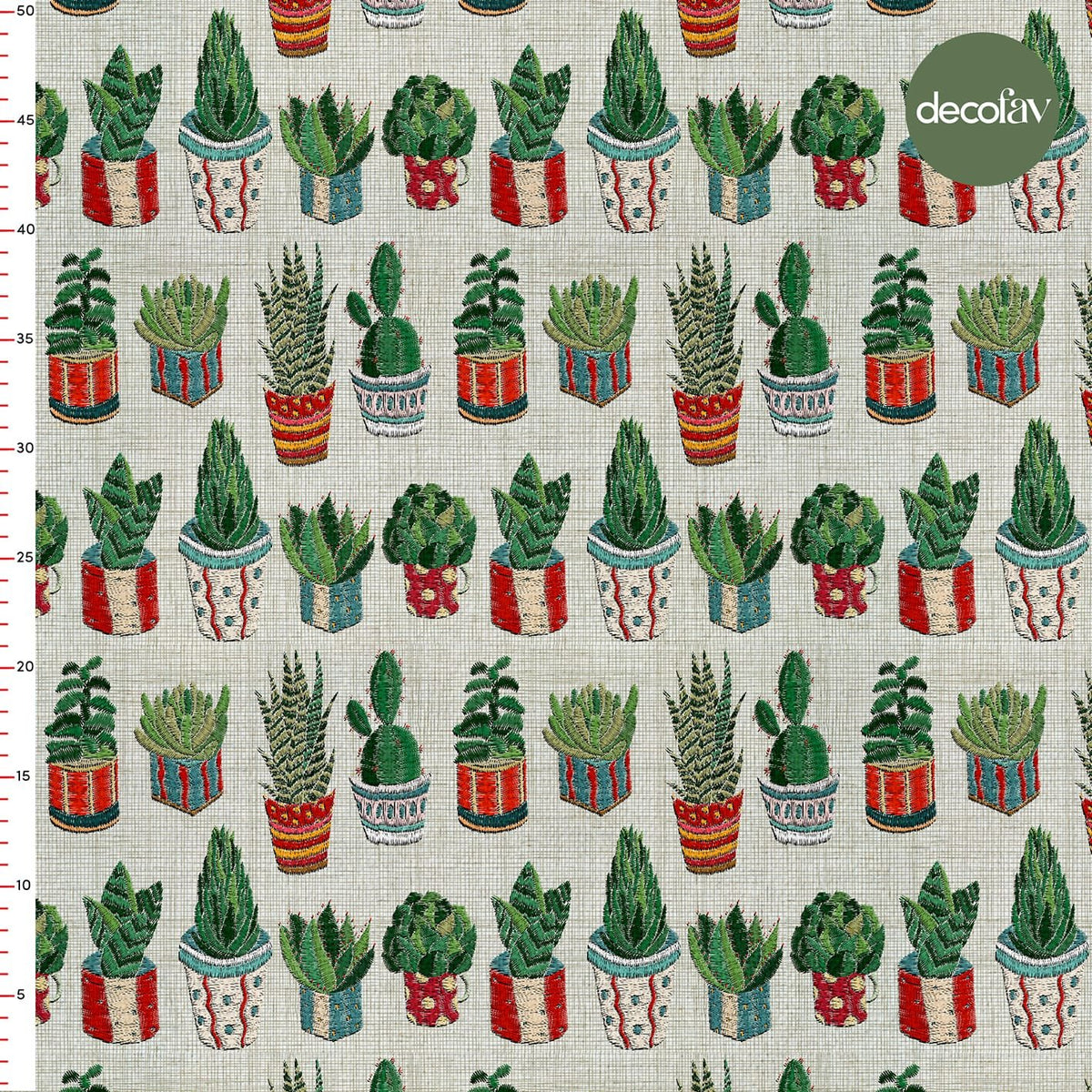 Digitally Printed Fabric with Embroidered Cactus Pattern in a Pot