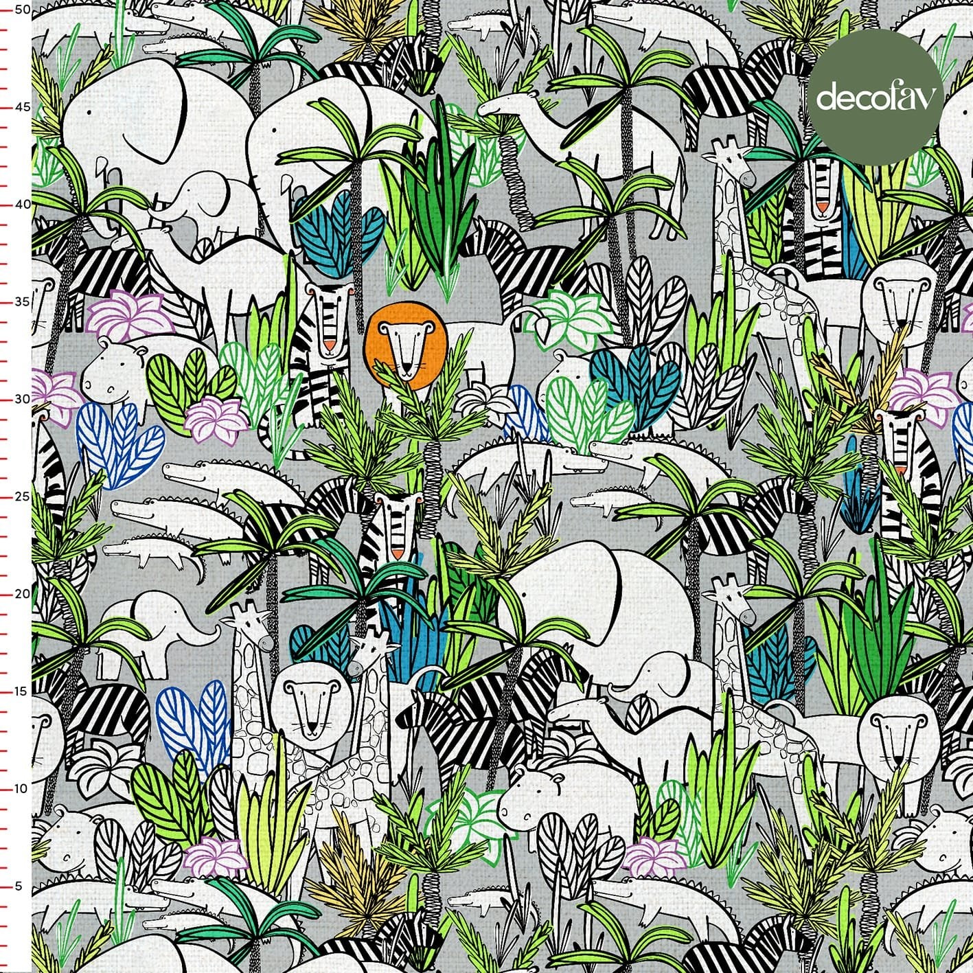 Digital Printed Fabric with Safari Animal Elephant Giraffe Lion Zebra Tiger Crocodile Pattern