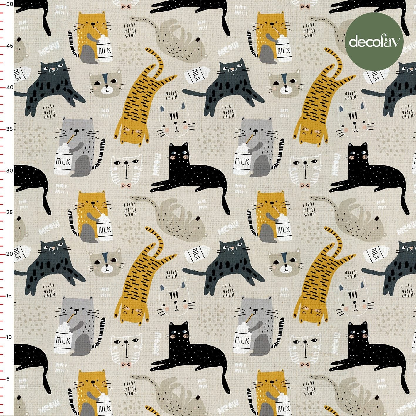 El Çizimi Yaramaz Kedi Desenli Dijital Baskılı Kumaş