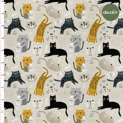 El Çizimi Yaramaz Kedi Desenli Dijital Baskılı Kumaş