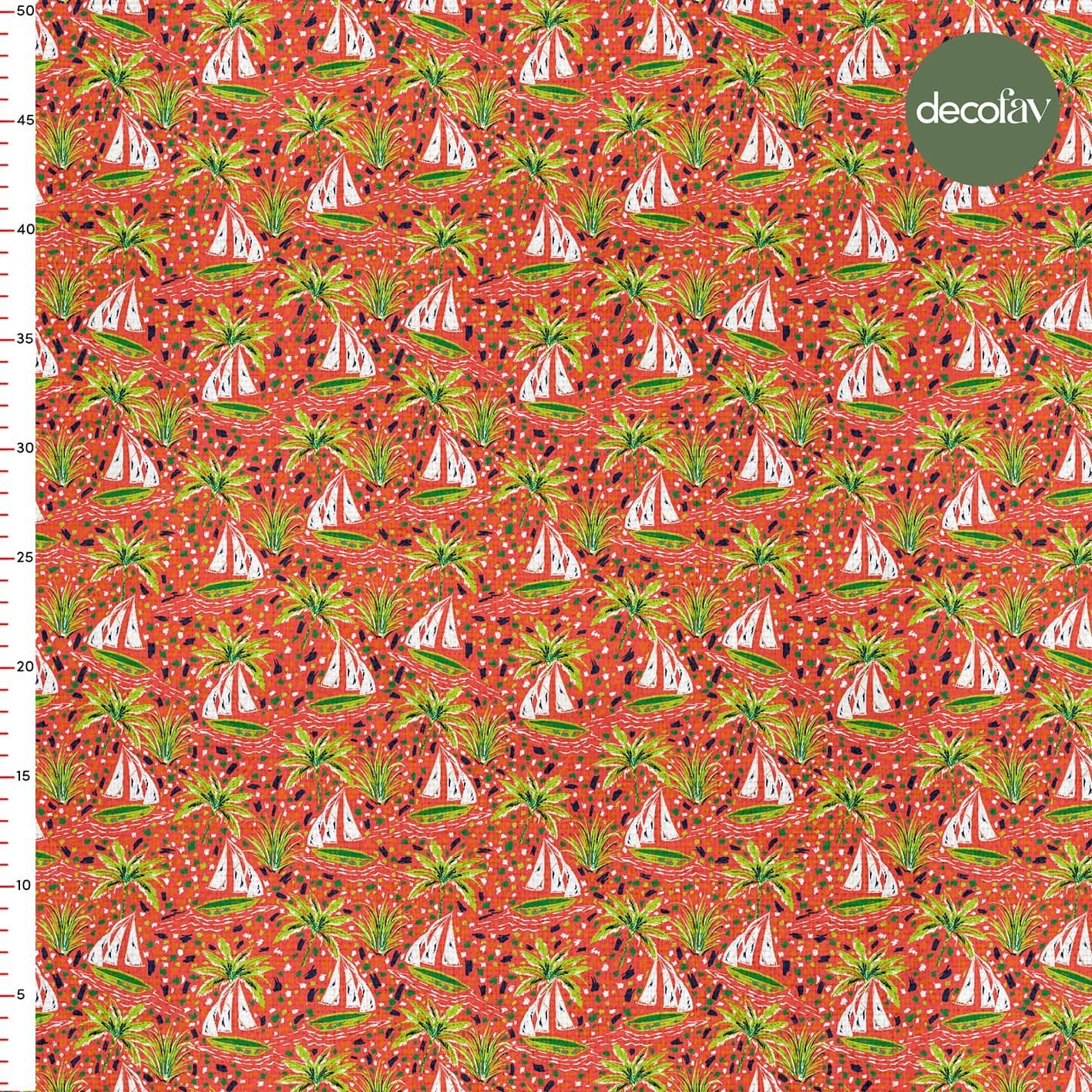 Digitally Printed Fabric with Orange Background and Palm Tree Boat Pattern