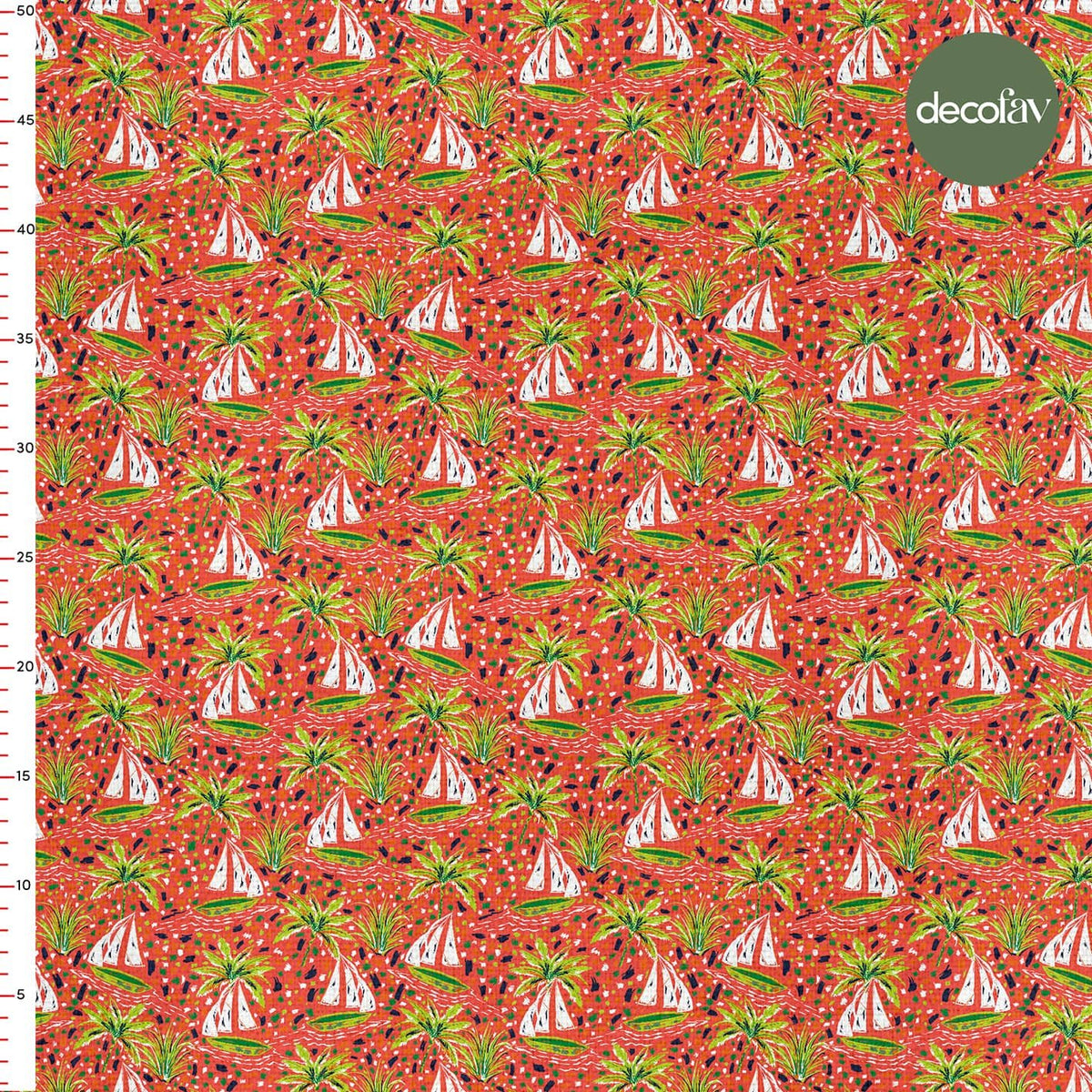 Digitally Printed Fabric with Orange Background and Palm Tree Boat Pattern
