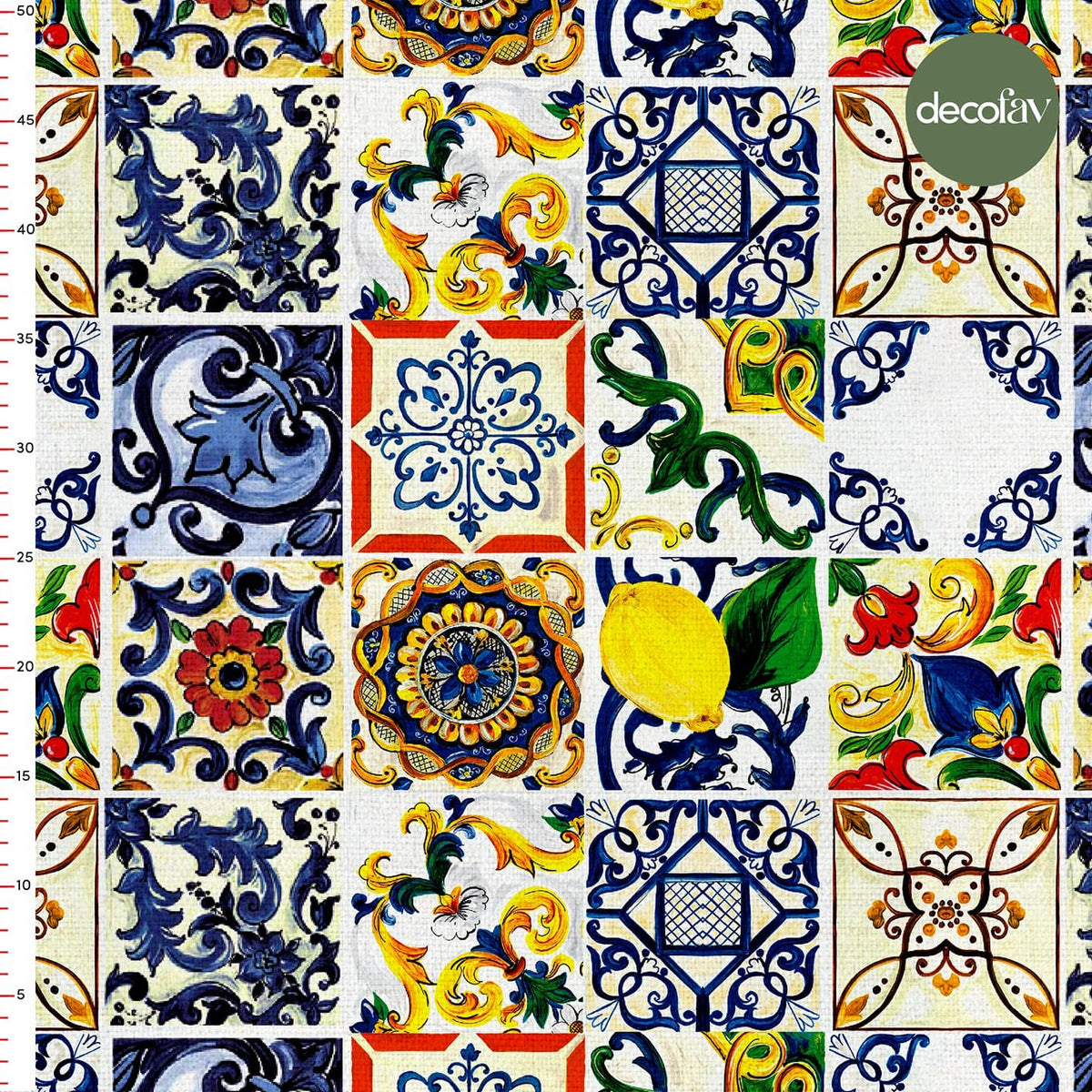 Digitally Printed Fabric with Watercoloured Tile and Lemon Pattern