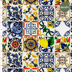 Digitally Printed Fabric with Watercoloured Tile and Lemon Pattern