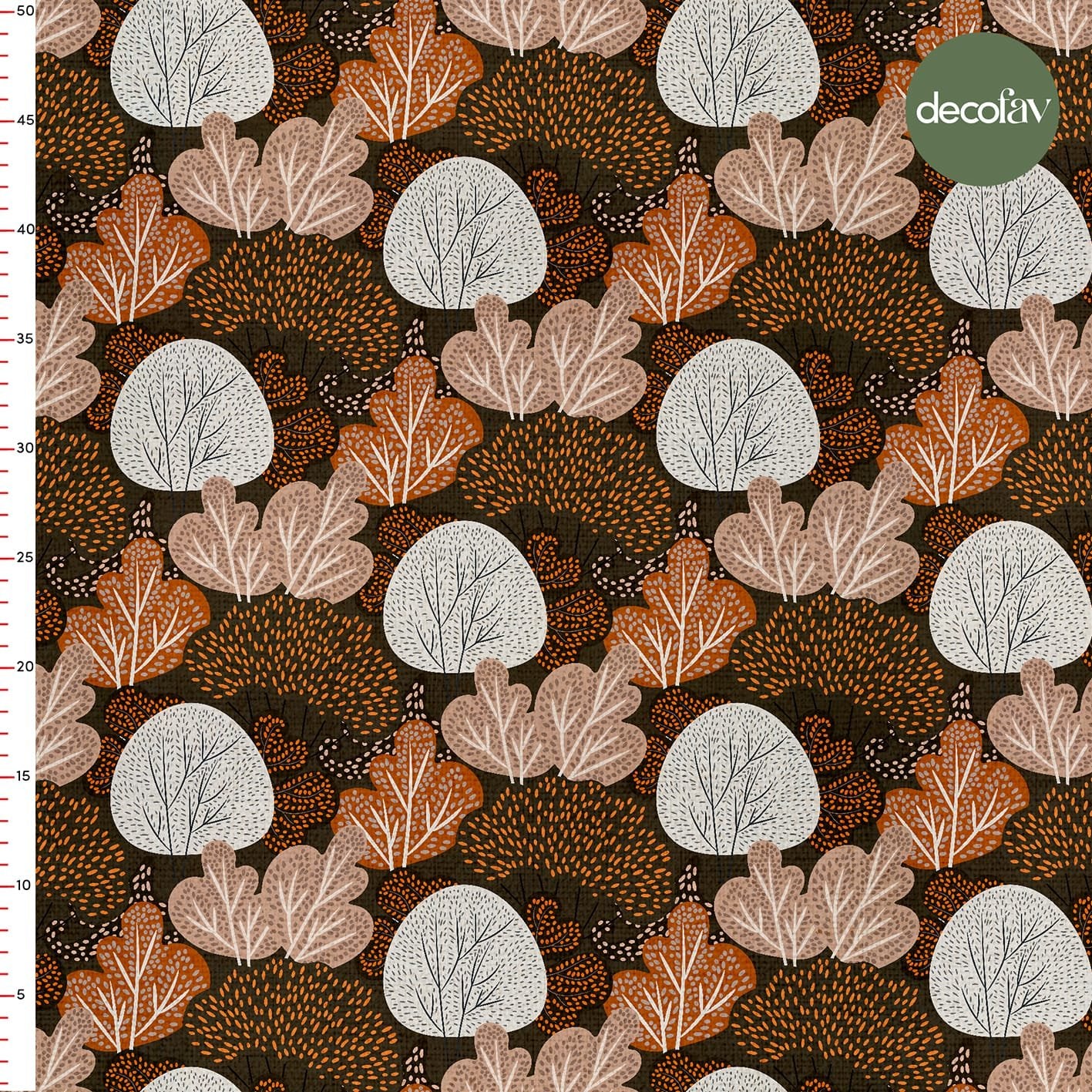 El Çizimi Kahverengi Tonları Ağaç Desenli Dijital Baskılı Kumaş