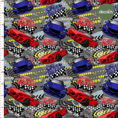 Racing Themed Car Patterned Digital Printed Fabric