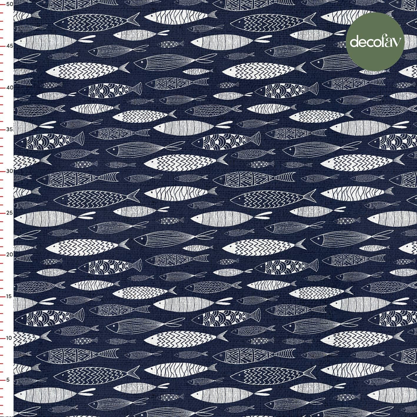 Digitally Printed Fabric with Hand-Drawn Pattern of White Fish on a Navy Blue Background