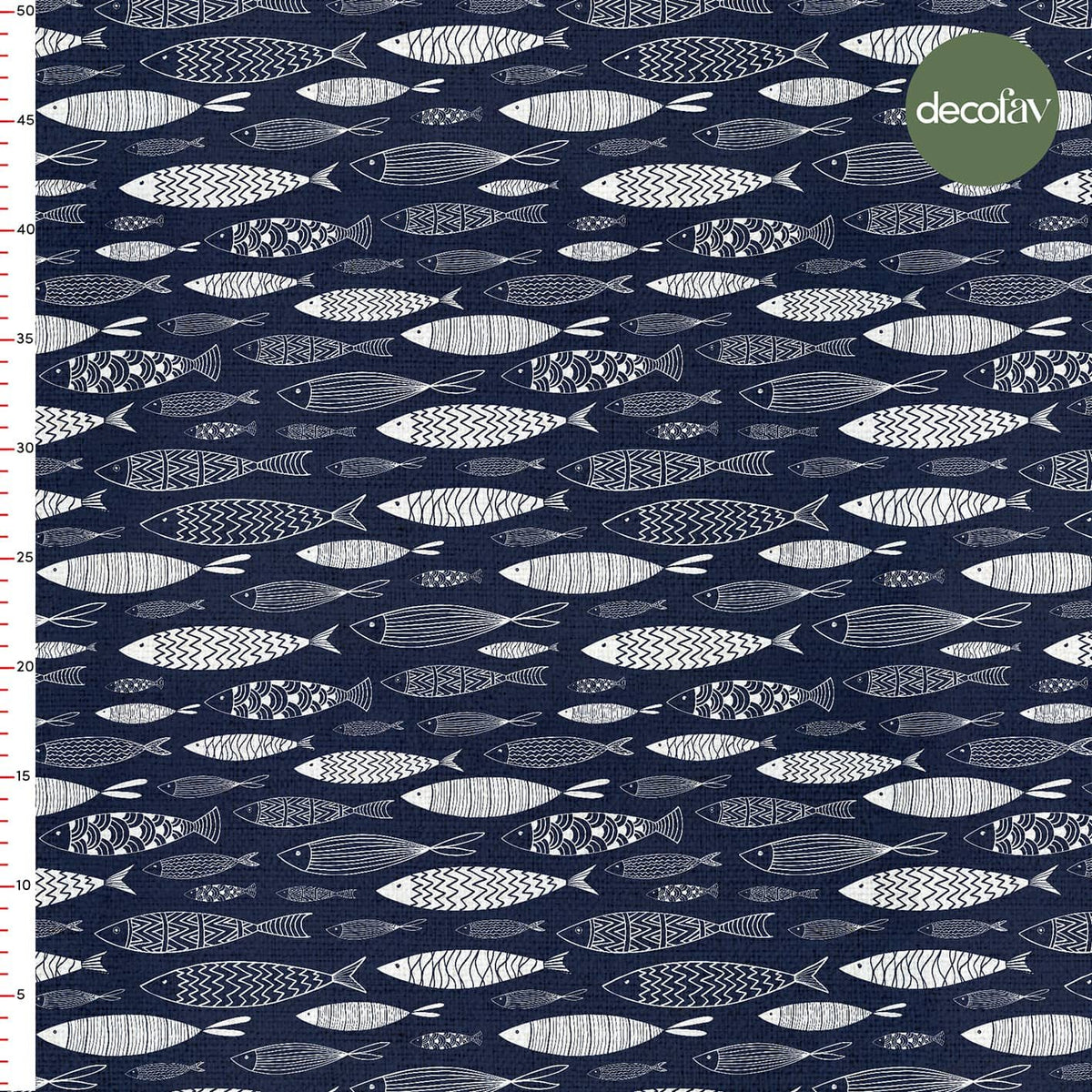 Digitally Printed Fabric with Hand-Drawn Pattern of White Fish on a Navy Blue Background