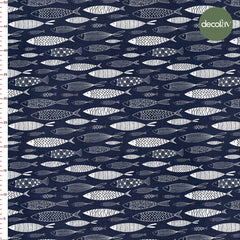 Digitally Printed Fabric with Hand-Drawn Pattern of White Fish on a Navy Blue Background