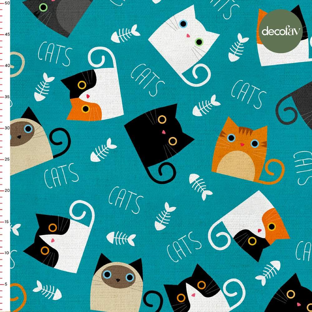 Hand-Drawn Cat Patterned Digital Printed Fabric with Mint Background