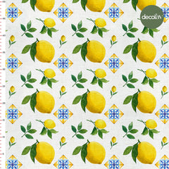 Sulu Boya El Çizimi Çiçek Yaprak Limon Çini Desenli Dijital Baskılı Kumaş