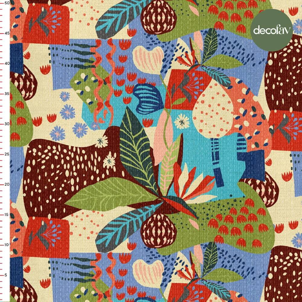Hand Drawn Abstract Flower Leaf Patterned Digital Printed Fabric