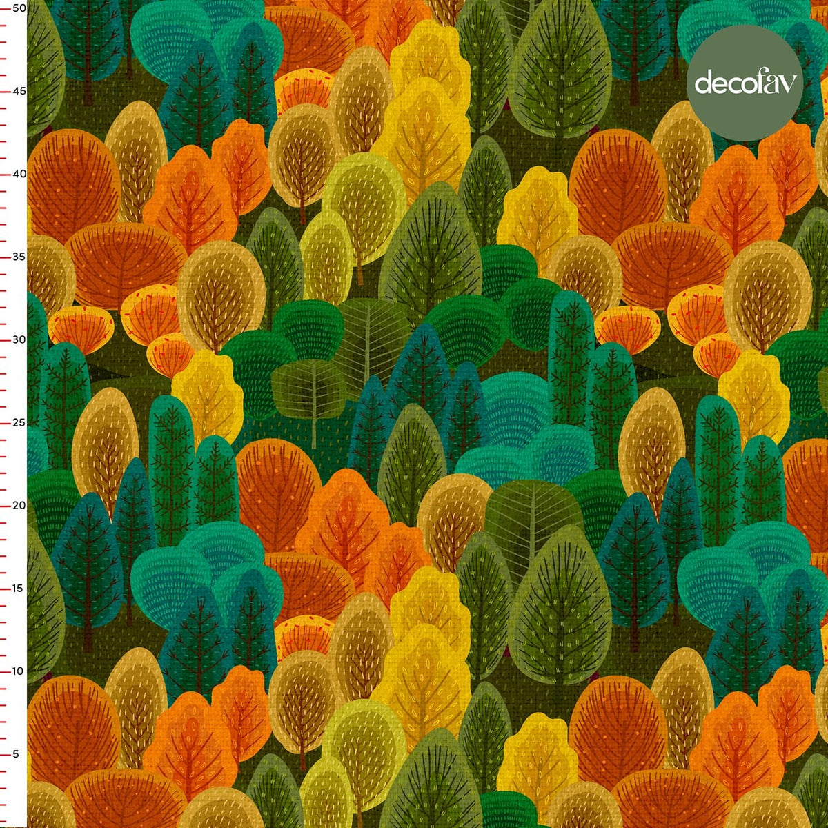 Hand-Drawn Colorful Tree Patterned Digital Printed Fabric