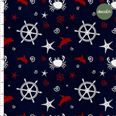 Digital Printed Fabric with Rudder, Dolphin, Crab, Starfish Marine Pattern