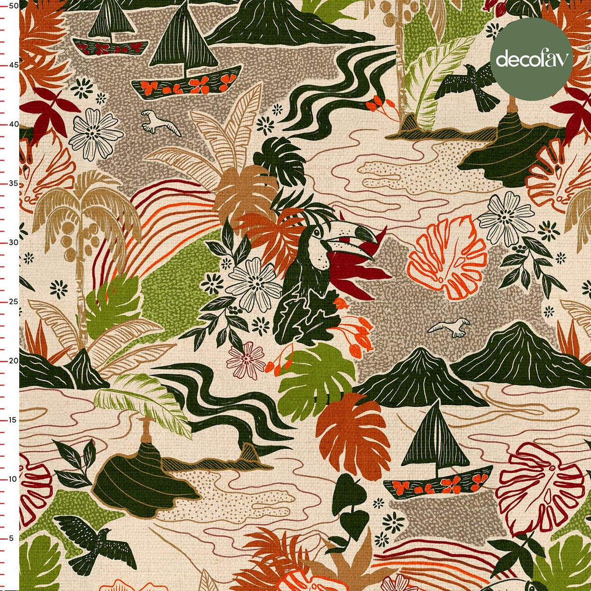 Tropik Ada Temalı Desenli Dijital Baskılı Kumaş