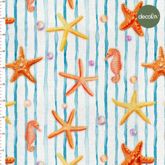 Digital Printed Fabric with Watercolor Effect, Starfish, Sea Horse, Pearl Striped Background Pattern