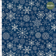 Digitally Printed Christmas Fabric with Snowflake Pattern on a Navy Blue Background