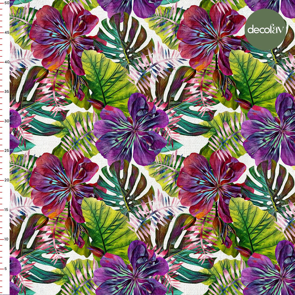 Mor Yeşil Tonları Tropik Yaprak Desenli Dijital Baskılı Kumaş