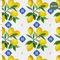 Digital Printed Fabric with Watercolor Flower, Leaf, Lemon Tile Pattern