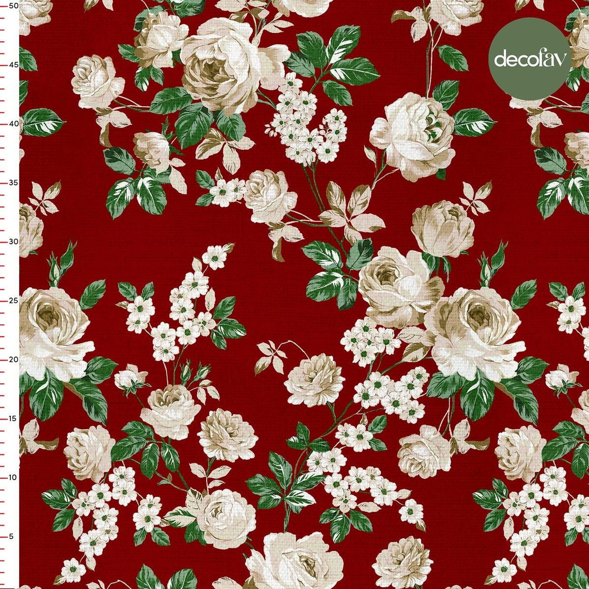 Watercolor Burgundy Background White Rose Patterned Digital Printed Fabric