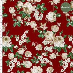 Watercolor Burgundy Background White Rose Patterned Digital Printed Fabric
