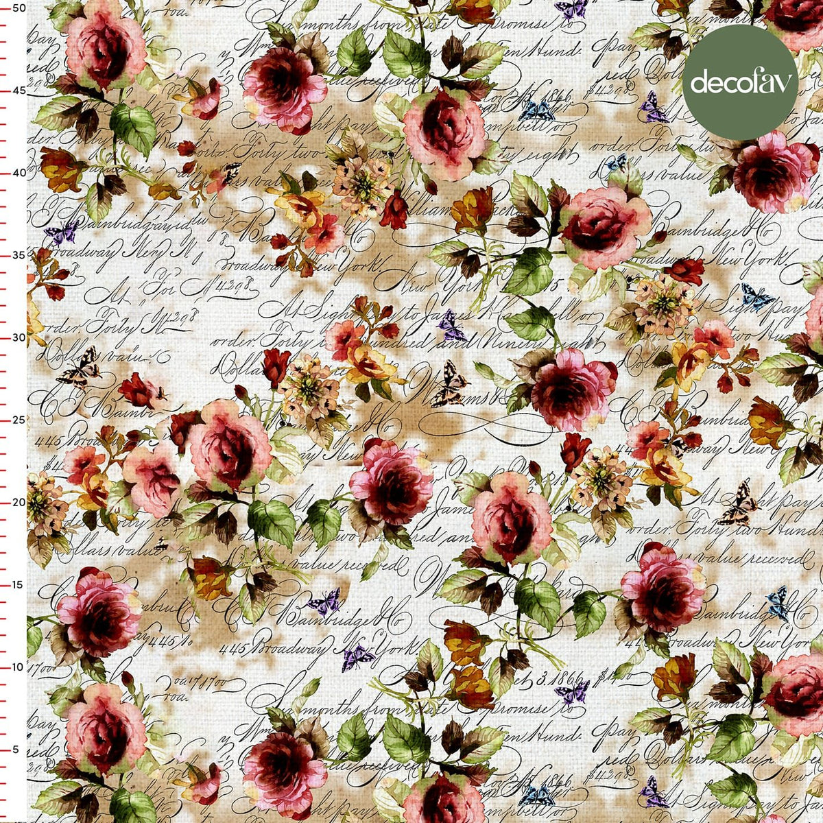 Elyazı Zemin Çiçek Desenli Dijital Baskılı Kumaş