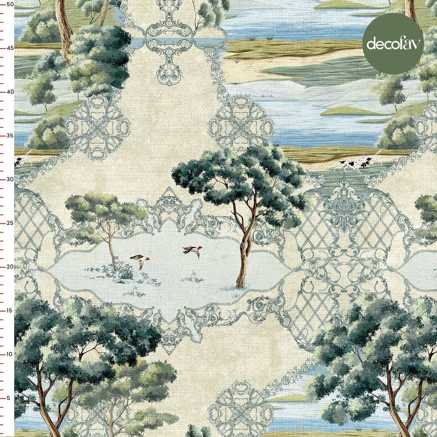 Digitally Printed Fabric with Landscape Pattern and Damask Detail