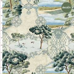 Digitally Printed Fabric with Landscape Pattern and Damask Detail