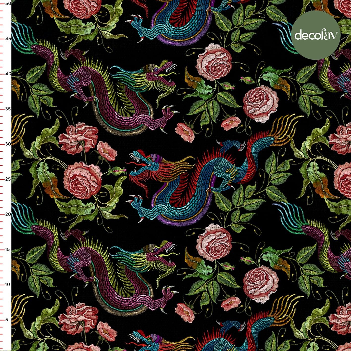 Digital Printed Fabric with Embroidery Effect and Dragon Flower Pattern