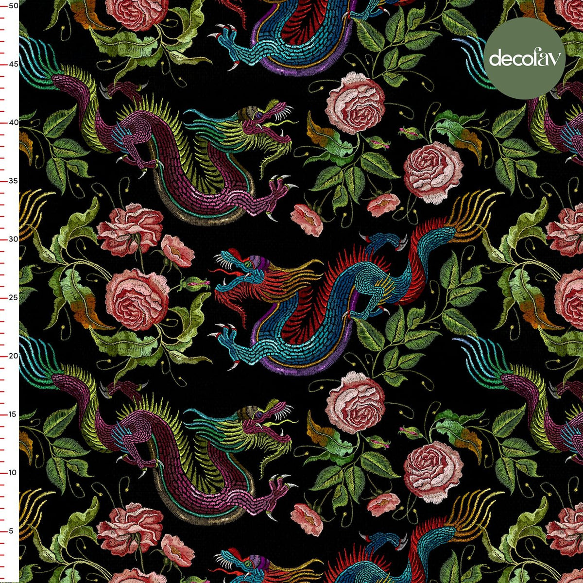 Digital Printed Fabric with Embroidery Effect and Dragon Flower Pattern