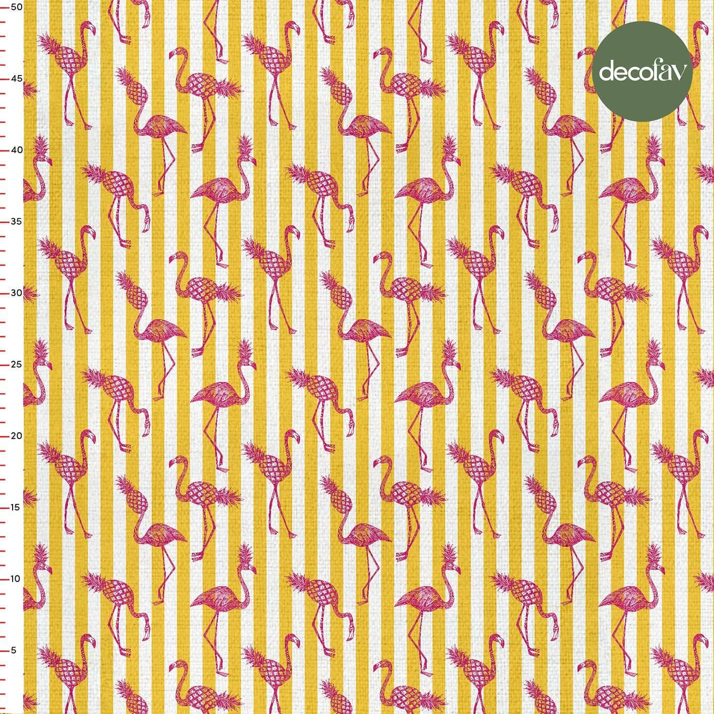 Digitally Printed Fabric with Flamingo Pineapple Pattern on Yellow Stripes