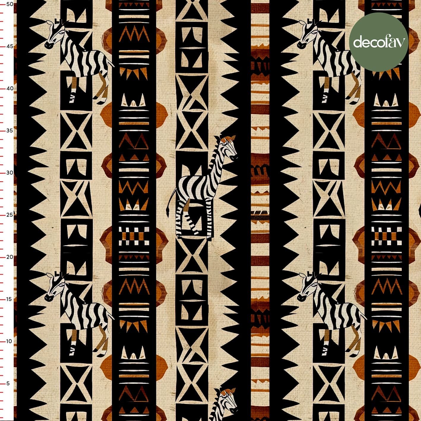 Afrika Zebra ve Etnik Motiflerle Bezenmiş Geometrik Renkli ve Dinamik Geometrik Desenli Dijital Baskılı Kumaş