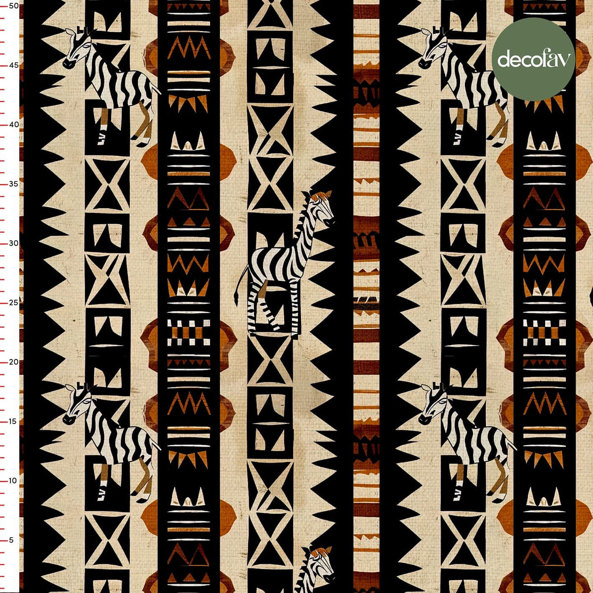 Afrika Zebra ve Etnik Motiflerle Bezenmiş Geometrik Renkli ve Dinamik Geometrik Desenli Dijital Baskılı Kumaş