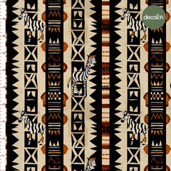 Afrika Zebra ve Etnik Motiflerle Bezenmiş Geometrik Renkli ve Dinamik Geometrik Desenli Dijital Baskılı Kumaş
