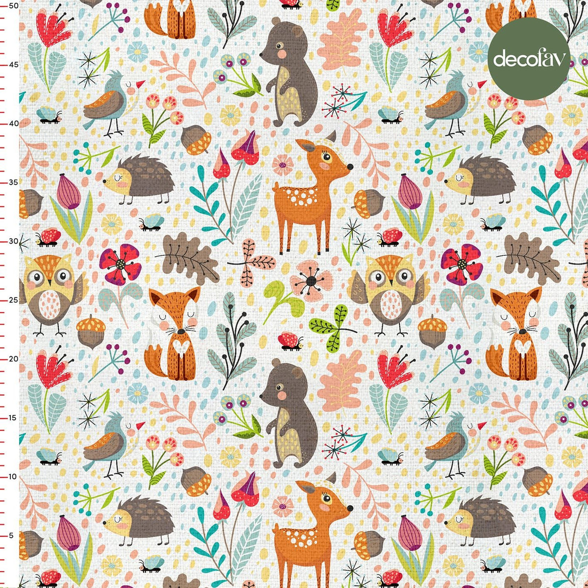 Autumn Themed Leaf Fox Bear Hedgehog Gazelle Owl Oak Patterned Digital Printed Fabric
