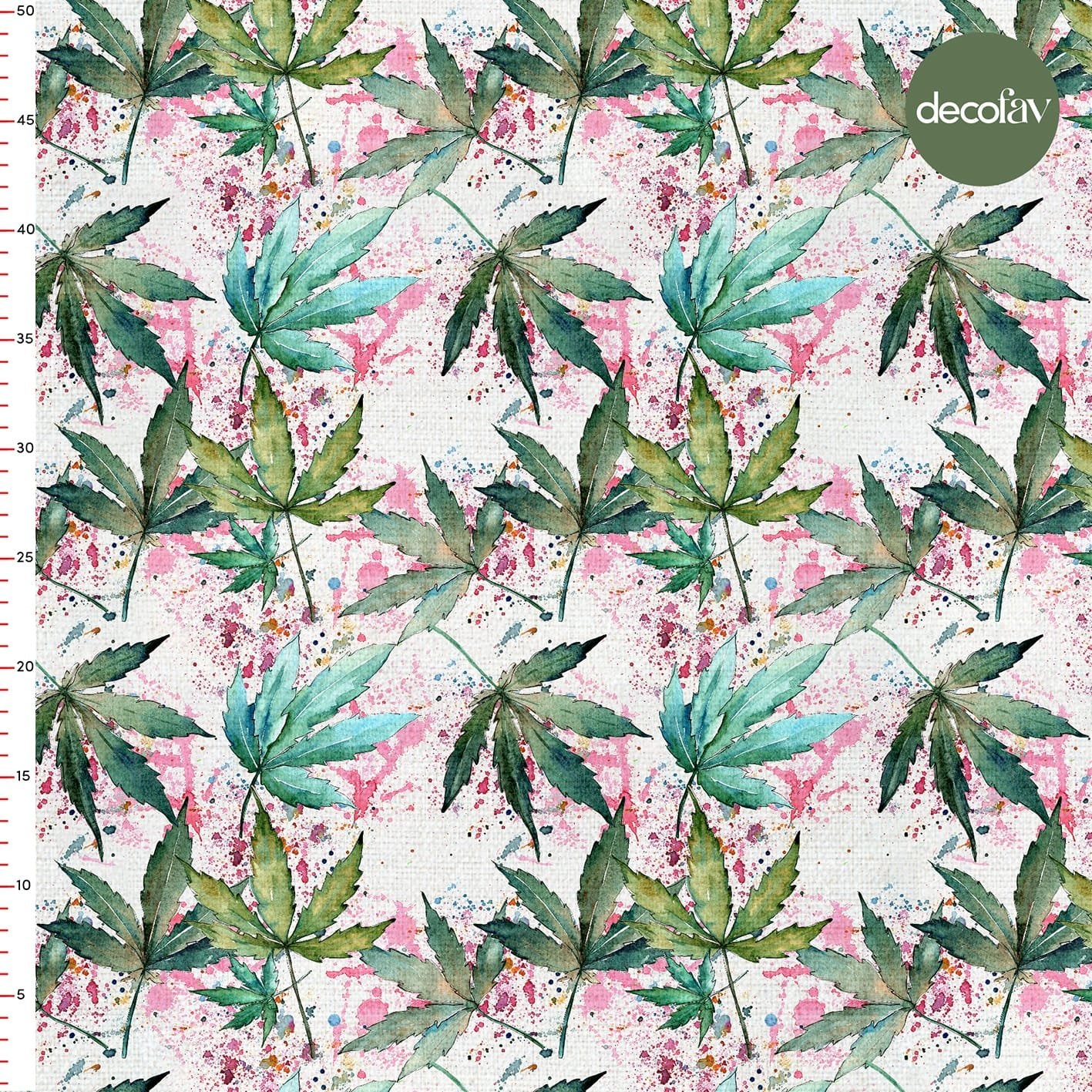 Digitally Printed Fabric with Watercolor Tropical Leaf Paint Splattered Background Pattern