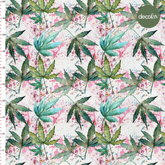 Digitally Printed Fabric with Watercolor Tropical Leaf Paint Splattered Background Pattern