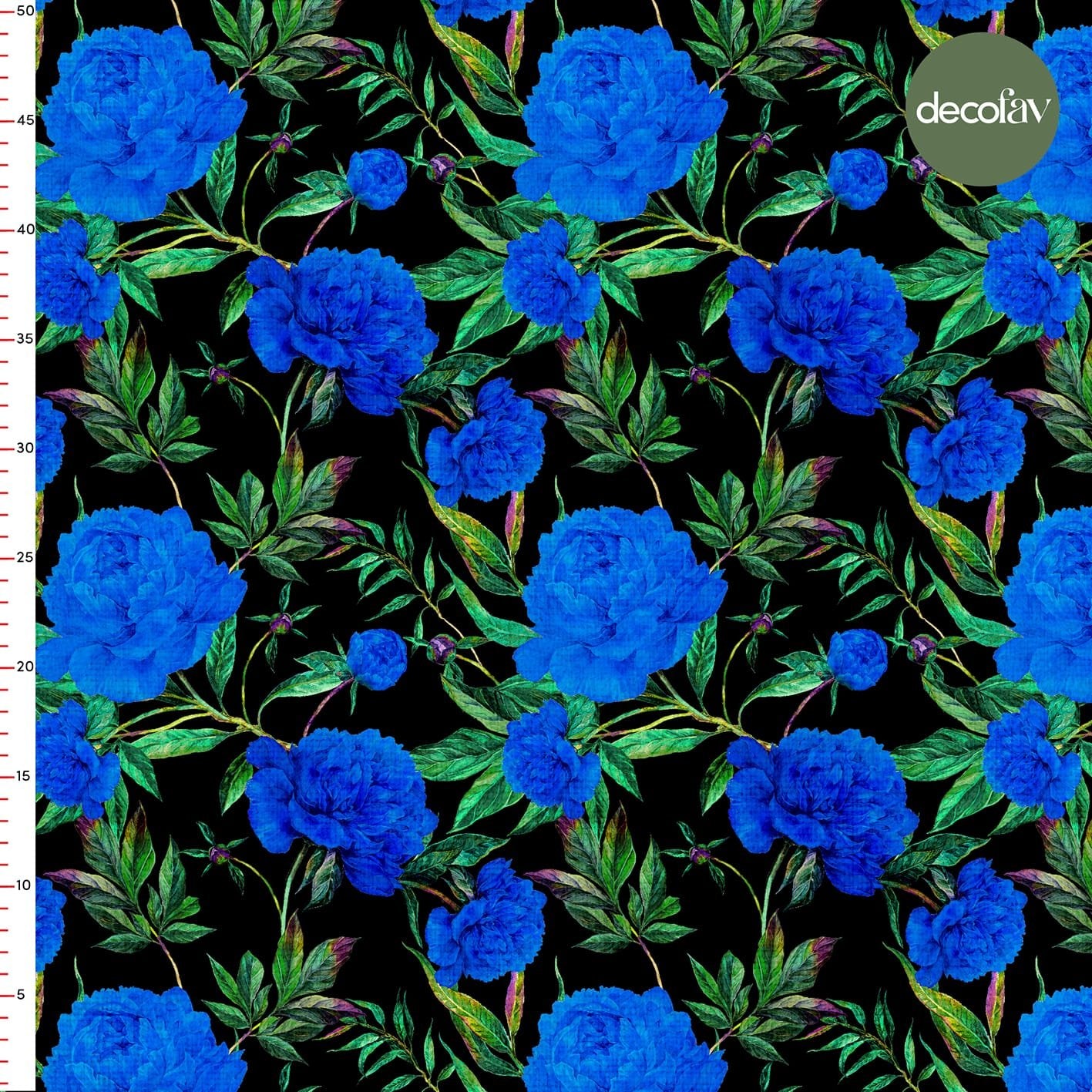 Digitally Printed Fabric with Blue Rose Pattern on a Black Background