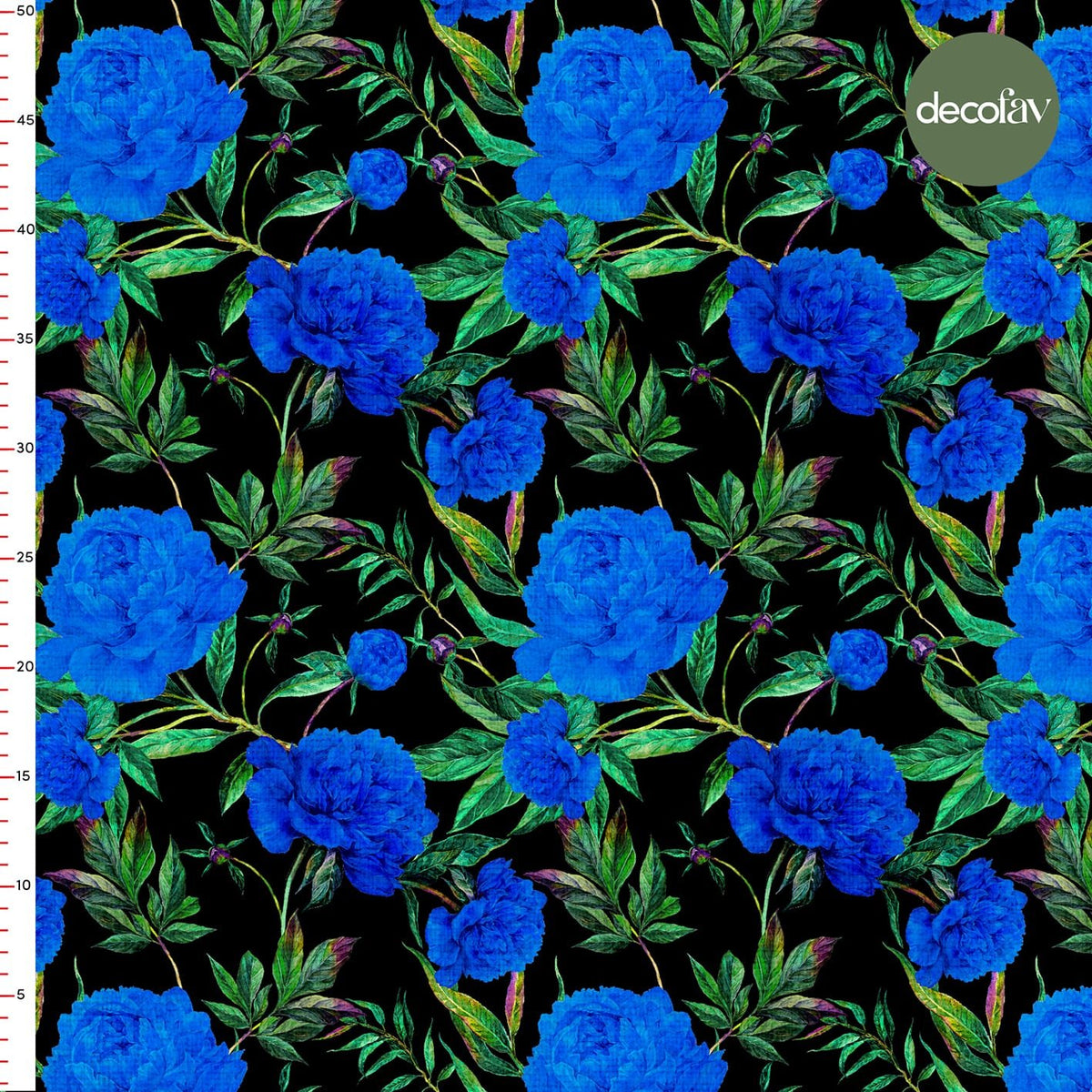 Digitally Printed Fabric with Blue Rose Pattern on a Black Background