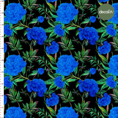 Digitally Printed Fabric with Blue Rose Pattern on a Black Background
