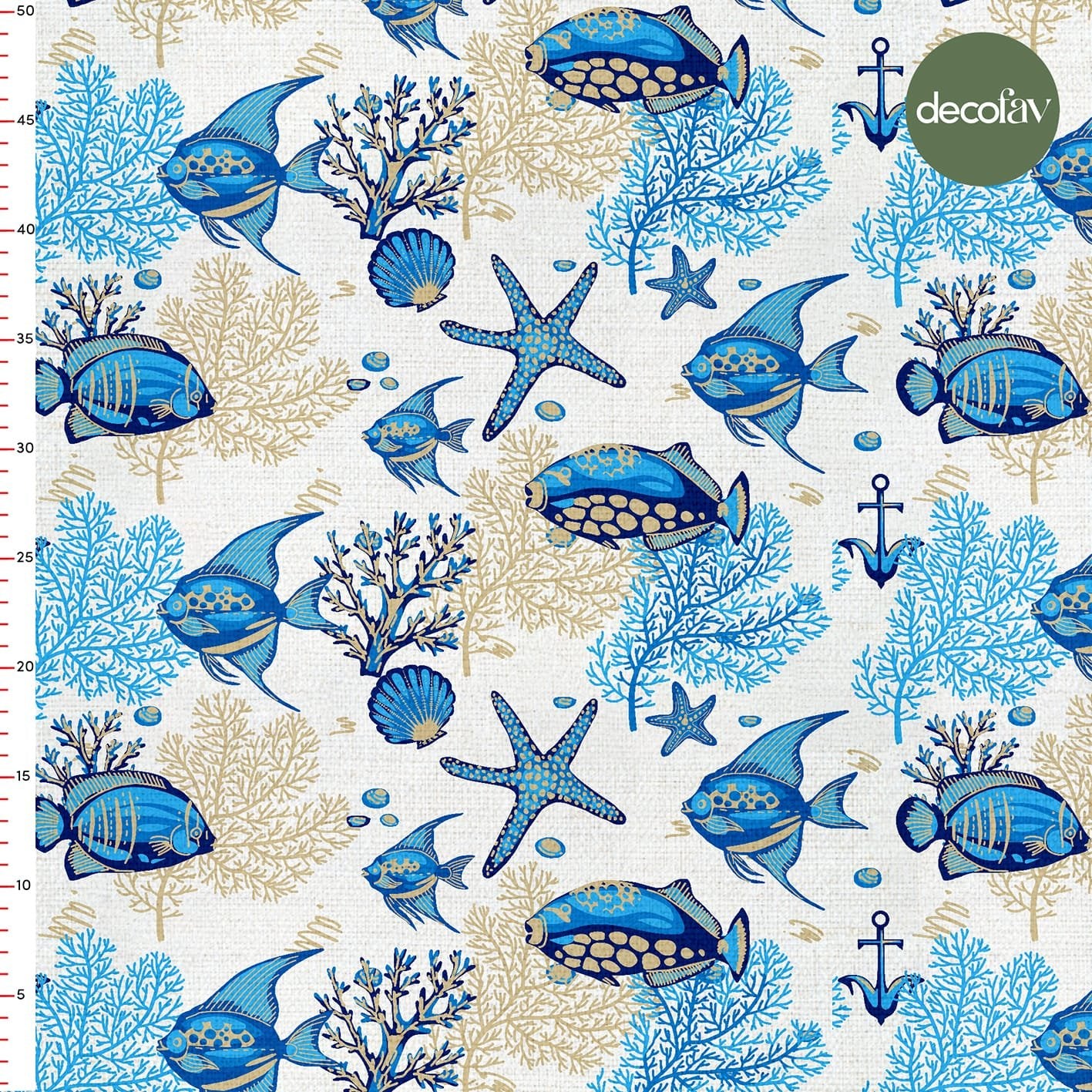 Digital Printed Fabric with Coral Fish, Starfish and Anchor Pattern