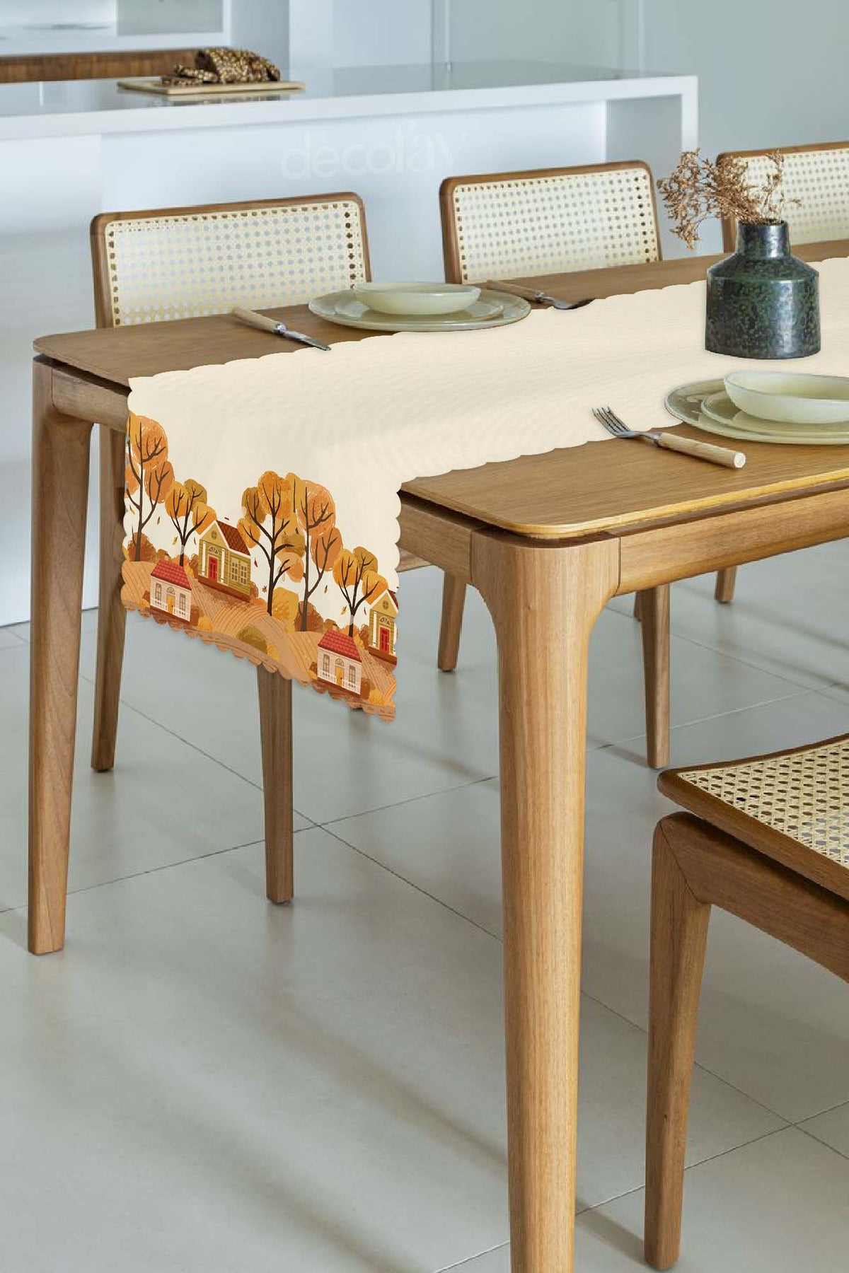 Sonbahar Ev Manzarası Açık Turuncu Tonlu Lazer Kesim Runner 43x55cm